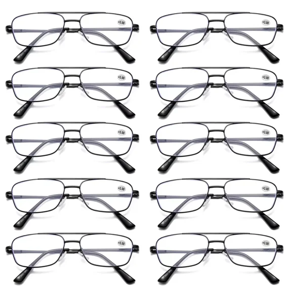 10 PK Mens Retro Aviator Reading Glasses Metal Frame Blue Light Blocking Readers