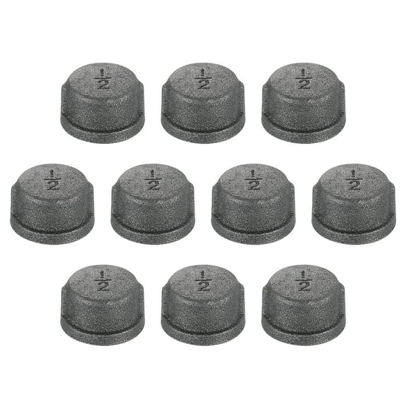 10 Pack 1/2" Round Head Steel Threaded Pipe Fitting Caps, Black