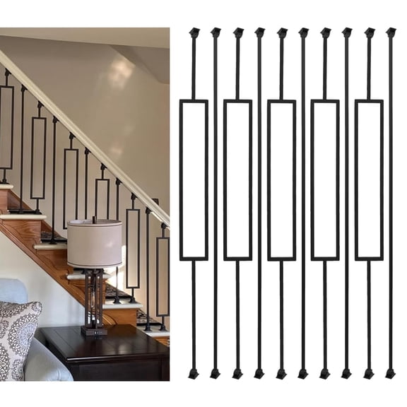 10 Pack 1/2" Square Iron Balusters, 44" Hollow Metal Stair Spindles with Swivel Shoes, Black Powder-Coated Staircase Balusters for Interior Stair Remodel, Modern Rectangular Design