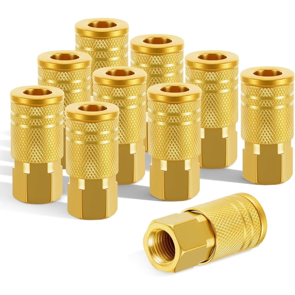 10 Pack 1/4 Inch Air Hose fittings, Brass NPT Female Industrial Coupler, 1/4'' Air Line Quick Connect Fittings for Auto Shop, Compressor Hose Repair Kit, 1/4 Inch NPT Coupler