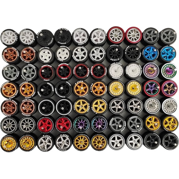 10-Pack 1:64 Rubber Wheels with Logo Random Custom Rims and Tires Set for 1/64 Diecast Cars Includes Axles Realistic Upgrade for Miniature Scale Vehicles