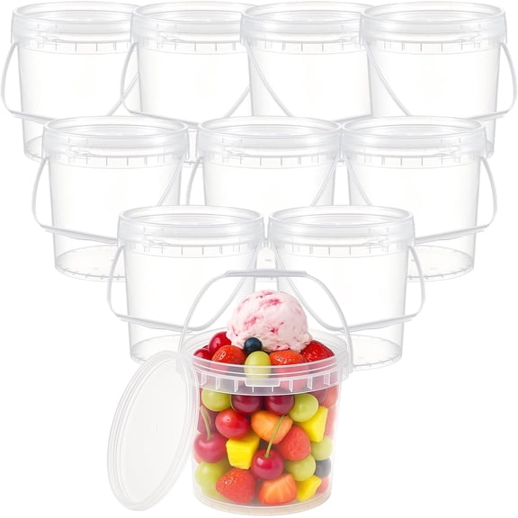 10 Pack 1 Gallon Clear Plastic Bucket with Handle and Lid Food Storage Container