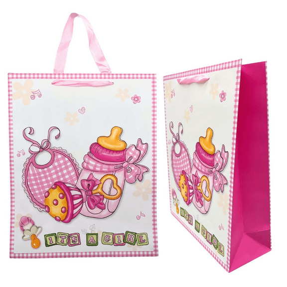 10 Pack 10 in x 12 in Its A Girl Medium Decorative Gift Bag, Baby Shower Gift Bag with Bottles, Pacifiers, Bibs, Gingham Borders, Ribbon Handles, Durable Cute Bag for Clothes, Toys, Gifts, Bulk, Pink