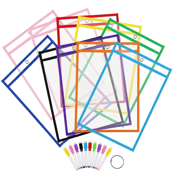 10 Pack 10"x14" Reusable Dry Erase Pockets Colored Markers, High Transparency PET Sheet Protector Sleeves Pen Holder Metal Ring for Teacher Classroom