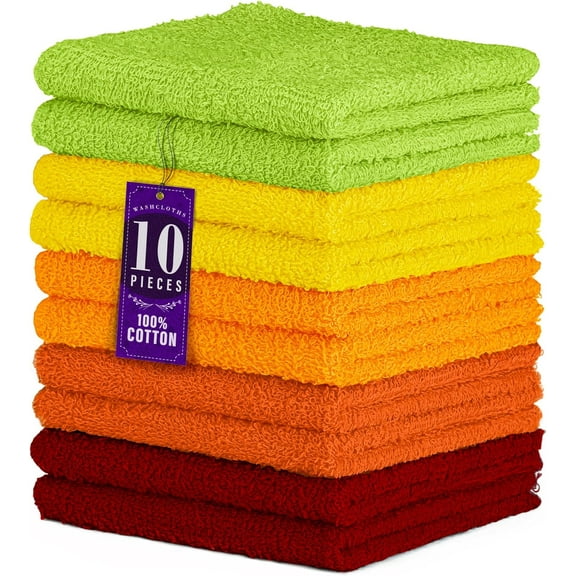 10 Pack 100% Cotton Wash Cloth, Luxurious Soft, 12 x 12 inch Ultra Absorbent, Machine Washable Washcloths, Assorted Colors (10 Pack)