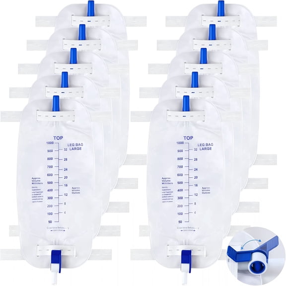 10 Pack 1000ml Leg Bag Urinary Drainage with Anti-Reflux Valve, Latex-Free Catheter Collection Pouch with Cloth Straps & Flip Drain, Large Capacity Incontinence Supplies for Men and Women
