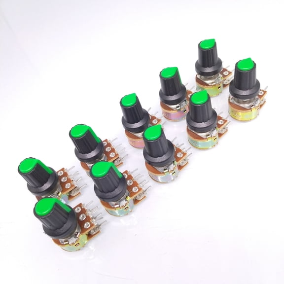 10-Pack 100K Ohm B-Type Dual Linear Stereo Potentiometer with Green Knob (Top Adjustment, 6mm Knurled Shaft)