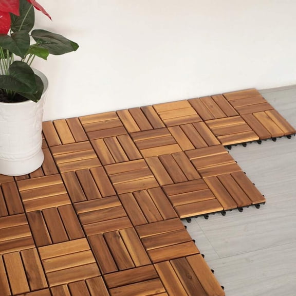 10-Pack 11.8X11.8 Inch Solid Acacia Wood Interlocking Flooring Tiles - Straight Pattern for Patio, Deck, Garden, Indoor & Outdoor