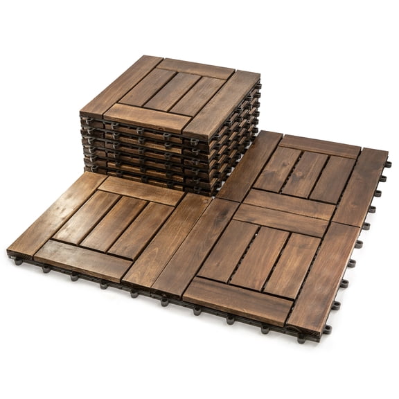 10-Pack 12"12" Dark Brown Acacia Wood Deck Tiles Interlocking PP Base Indoor/Outdoor Use