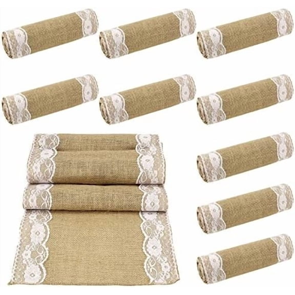 10 Pack 12 x 108 inch Burlap Lace Table Runner, Rustic Natural Jute Wedding Table Runner Decoration with White Lace for Country Wedding Party Dinner Thanksgiving Christmas