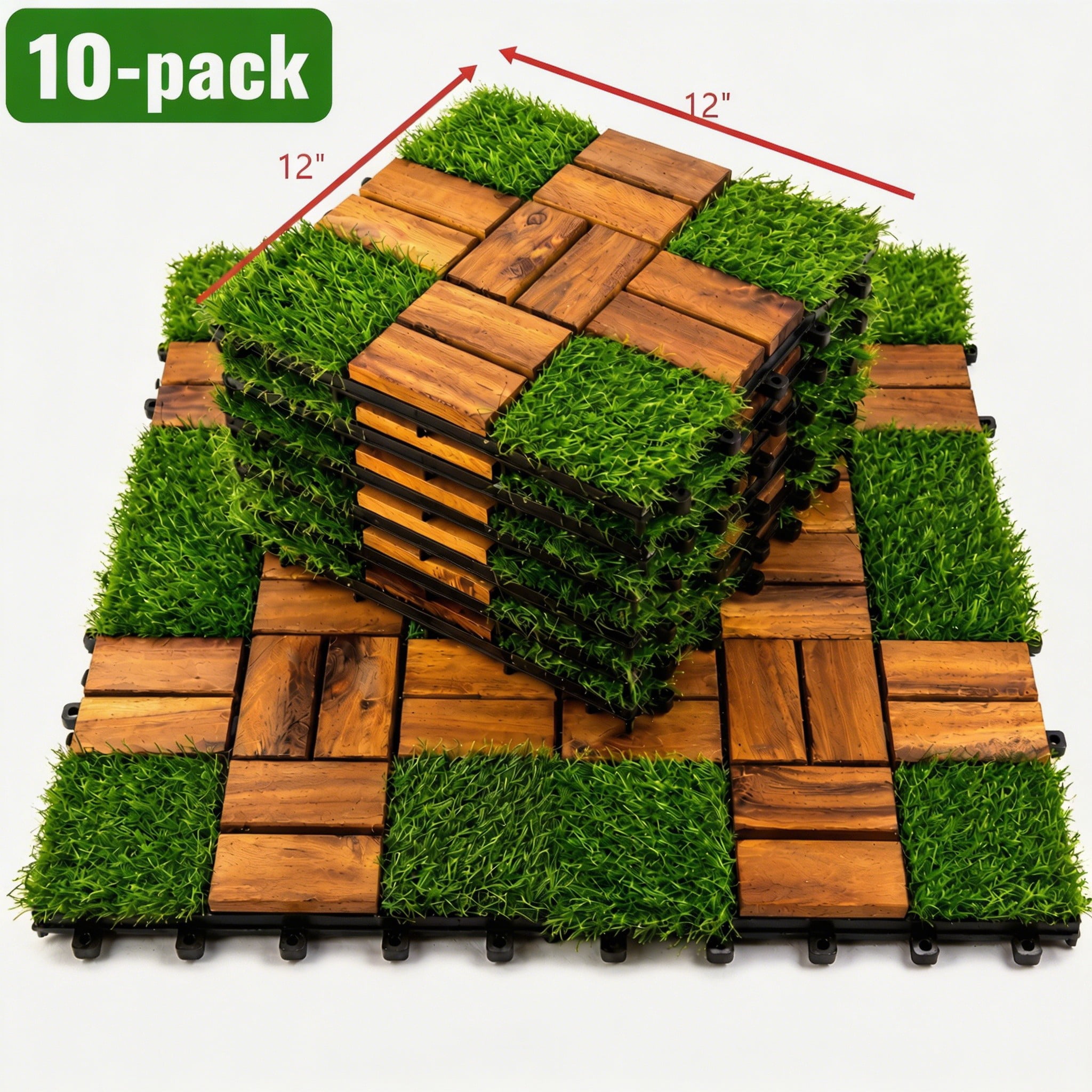 10-Pack 12"x12" Interlocking Deck Tiles Outdoor Patio Flooring Wood & Grass DIY Snap Tiles