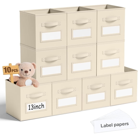 10-Pack 13-Inch Collapsible Fabric Storage Cubes with Labels and Window Cards, Beige Organizer Baskets