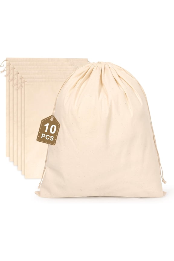 10 Pack 14 × 17 inch pure cotton drawstring storage bags | Extra large canvas bread bag | Reusable flour bag, potato onion storage bag, shoe bag