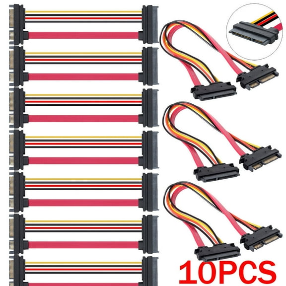 10 Pack 15+7 Pin SATA HDD Extension Cable Data+Power Male to Female, 19" / 50cm US