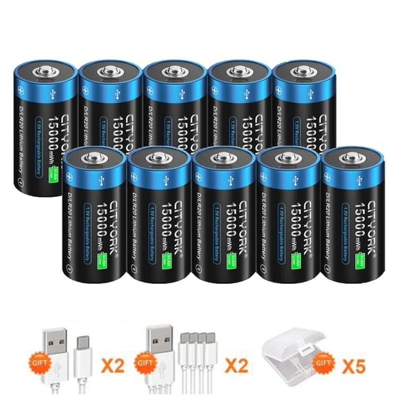 10 Pack 15000mWh 1.5V USB Lithium High Capacity D Size Rechargeable Batteries with 5 Pack Battery Case