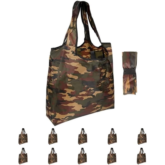 10 Pack 15x4.5x15 Inch Camo Shopping Bags with Handles Bulk, Foldable Xlarge Grocery Bags Heavy Duty 50 LBS Machine Washable for Pocket Nylon Tote, Polyester Fabric Cloth
