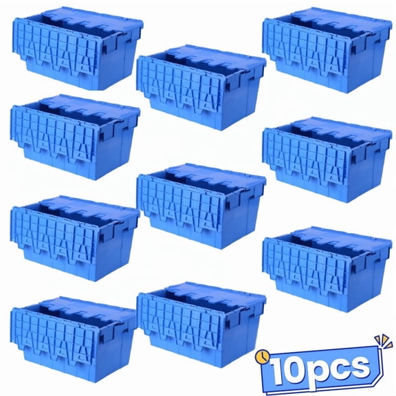10-Pack 16 Gallon Industrial Storage Container, Heavy-Duty Stackable Crate with Secure Lockable Lid and Reinforced Walls, Blue