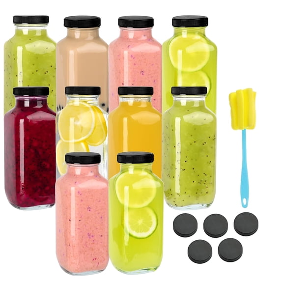 10 Pack 16oz Glass Juice Bottles with Lids, Reusable Storage Containers