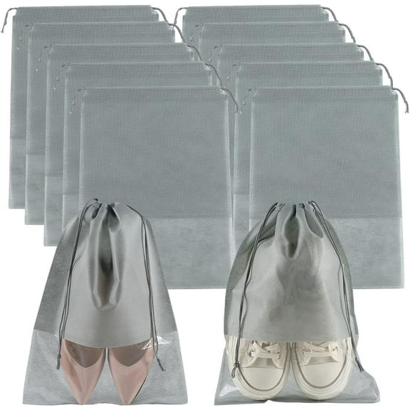 10 Pack 17.3 x 12.6 inch Drawstring Shoe Bag Travel Shoe Pouches Gray Large Portable Dustproof Non-woven Fabric Storage Bags with Rope for Suitcase Clothes Packing Organizer Travel Essentials for DIY