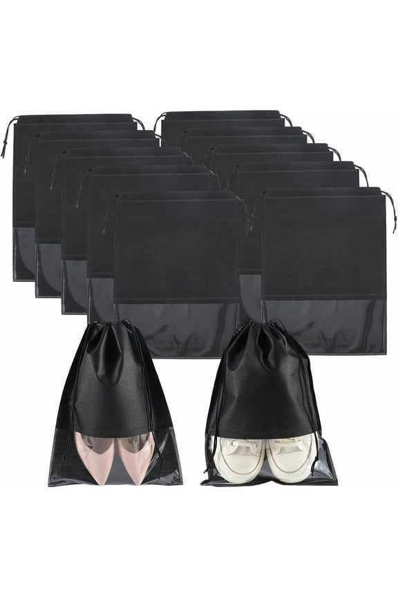 10 Pack 17.3 x 12.6 inch Dust Proof Shoe Bag Black Drawstring Shoe Bags with Clear Window Portable Non-woven Fabric Travel Packing Pouches for Storage Home Cosmetic Toiletry Luggage Suitcase DIY