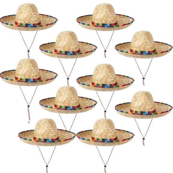 10 Pack 18'' Mexican Straw Sombrero Hat for Cinco De Mayo Mexican Theme Party Decorations