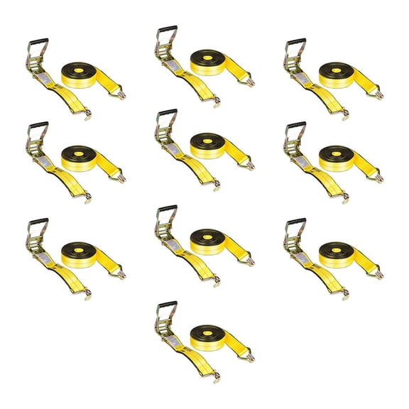 10 Pack 2 Inch x 50 FT Heavy Duty Ratchet Straps with Double J Hooks | 10,000 lbs. Breaking Strength Yellow Tie Down Straps w/Wire Hooks for Industrial Use, Trailers, Truck & Cargo.