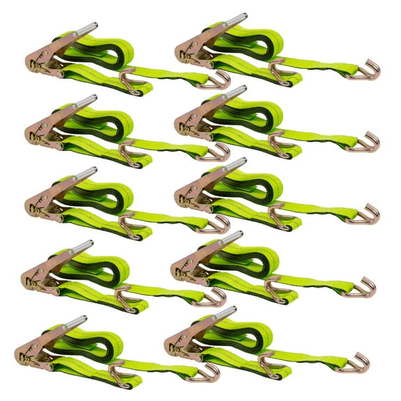 (10 Pack) 2 in. x 15 ft. Ratchet Straps with Wire Hook - Safety Green Flatbed Truck Tie Down 3,333 lbs # WLL