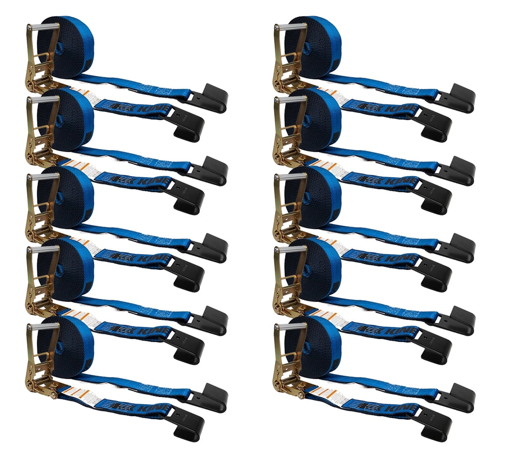 10 Pack 2" x 30' Kinedyne Heavy Duty Tie-Down Ratchet Straps with Flat Hooks, 10,000 Breaking Strength - Blue Tie Down Ratchet Straps for Flatbed Trailers, Pickup Trucks