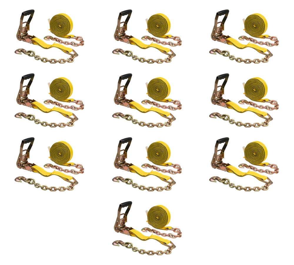 (10 Pack) 2" x 30' Ratchet Straps w/Chain, WLL 3400 Tie Down Strap