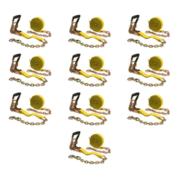 (10 Pack) 2" x 30' Ratchet Straps w/Chain, WLL 3400 Tie Down Strap