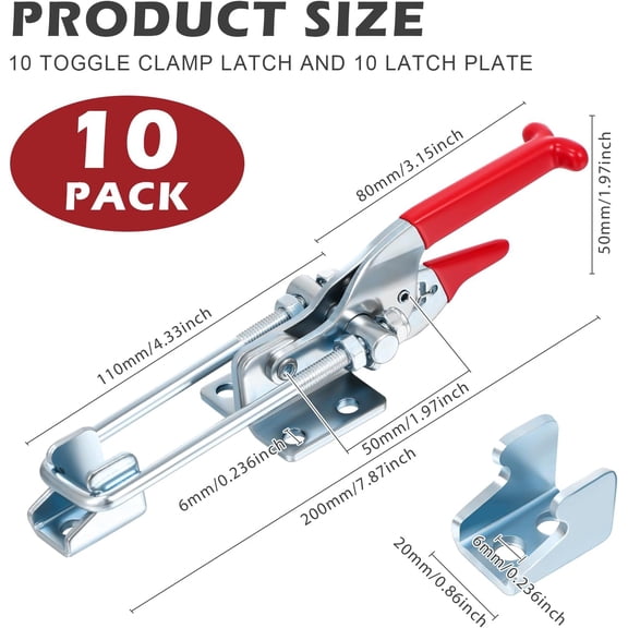 10 Pack 2000lbs Toggle Clamp 431 Heavy Duty Toggle Latch Clamp Adjustable U Bolt Self Lock Latch for Tire Carrier, Trailer and Door Hardware, Smoker Lid and More 7.87 Inch(433 Type)