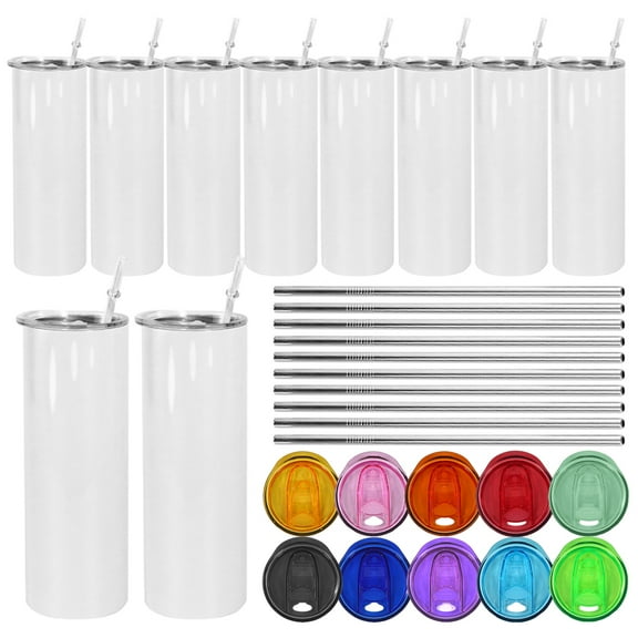 10 Pack 20oz Sublimation Tumbler Blanks with Color & Clear Lids and Metal Straws, Double Wall Stainless Steel Skinny Tumblers