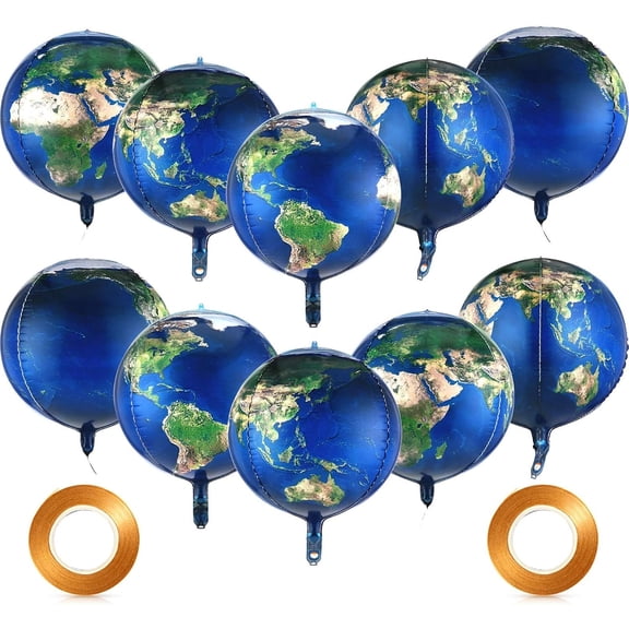 10 Pack 22 Inch Inflatable Earth Globe Balloons Big Blow up World Map Balloons Planet Foil 4d Globe Inflatables 2 Rolls Ribbons for Earth Day Bon Voyage Party Decor Around The World Space Party