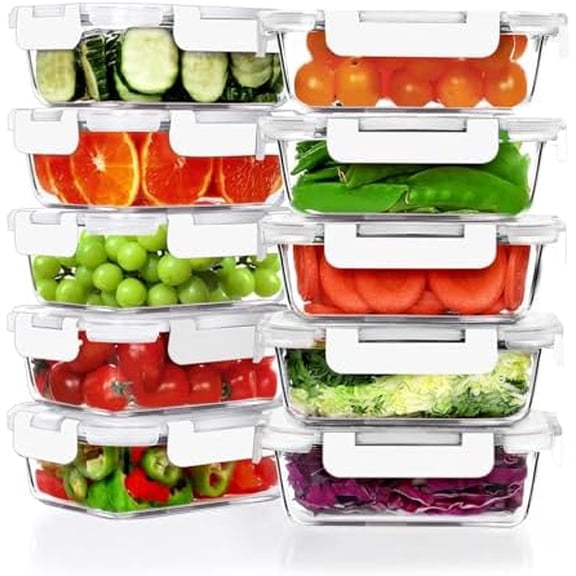 10 Pack 22 OZ Glass Meal Prep Containers, Airtight Glass Lunch Containers Set, Food Storage Containers with Lids,BPA Free, for Microwave, Oven, Freezer & Dishwasher Friendly,White