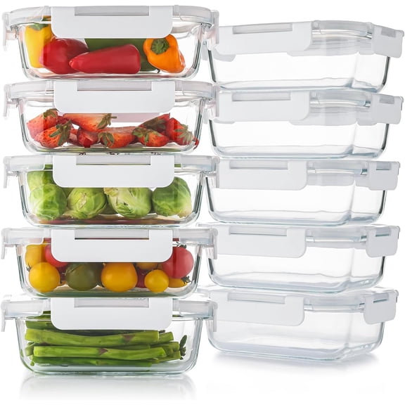 10 Pack 22 Oz Glass Meal Prep Containers with Lids, Reusable Glass Food Storage Containers with Lids, Leak Proof, Microwave, Oven, Freezer and Dishwasher Safe (White)