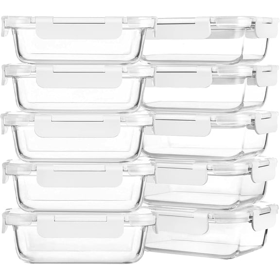 10-Pack 22 Oz Glass eal Prep Containers with - icrowave, Oven, Freezer & Dishwasher Safe - White