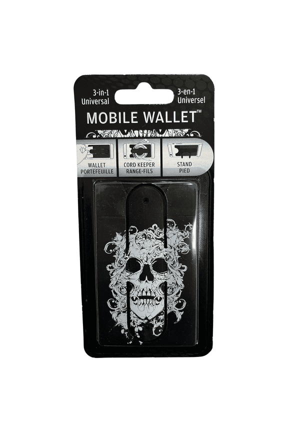 10 Pack 3 in 1 Skull Universal Mobile Wallet, Cord Keeper, Compact, Stylish Phone Accessory, Card Storage, Tangle Free Cord Management, Hands Free Viewing for Phones, Devices, Bulk, Black, White