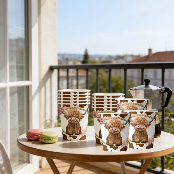 10 Pack 3.2x2.9in Disposable Highlands Cow Paper Cups, Vintage Floral Party Cups for Farmhouse-Themed Birthday & Rustic Celebrations