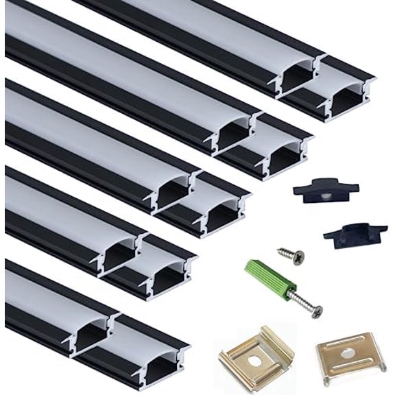 10-Pack 3.3FT/1M LED Strip Aluminum Channel Diffuser,Collar Shape Tape Light Under Cabinet Floating Shelf Alcove Recessed 25X7MM Matte Black Anodized Track, Milky Cover Concave Slot Profile