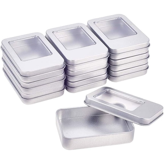 10 Pack 3.54x2.36x0.68 Inch Silver Metal Tin Cans Rectangle Tin Box with Lids and Small Clear Window for Gifts Party Favors and Other Accessories DIY