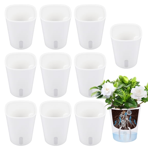 10 Pack 3.74" Indoor Self Watering Planters with Drainage Holes and Saucers Clear Inner Cup Cotton Rope Small White Plastic Planters Indicator for Soil Starting Seedling Herb African Violet