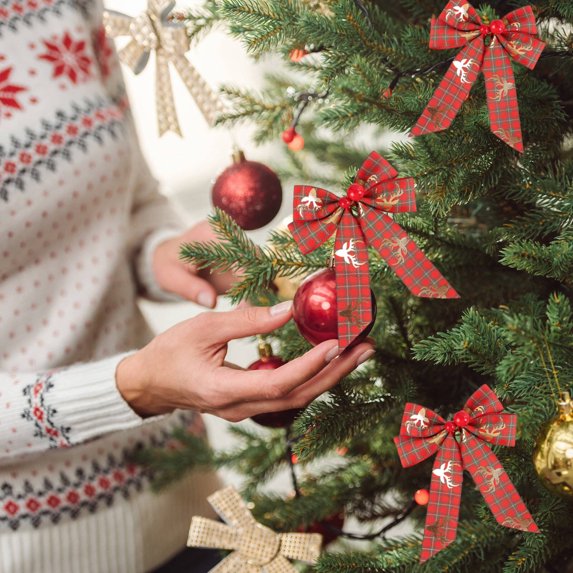 10 Pack 3.93 x 5.51 Inches Red with Green Buffalo Plaid Bows Christmas Wreaths Bows Christmas Bows for Xmas Tree Christmas Indoor and Outdoor Garland Decorations