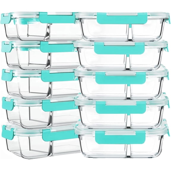 10-Pack,30 Oz Glass Meal Prep Containers 2 Compartments Airtight Lunch Bento Boxes with Lids, Glass Food Storage Containers, Microwave, Oven, Freezer and Dishwasher, Green