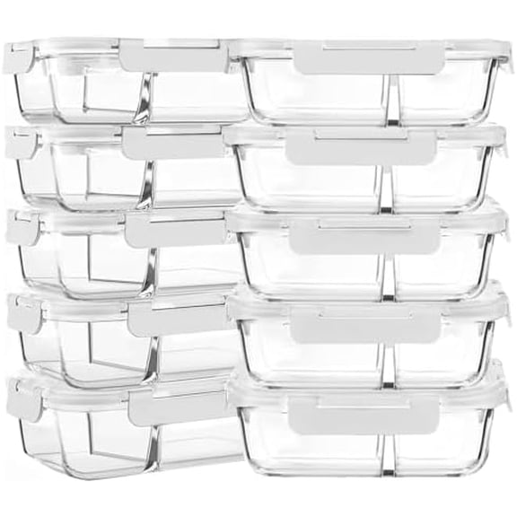 [10-Pack,30 Oz Glass Meal Prep Containers 2 Compartments Airtight Lunch Bento Boxes with Lids, Glass Food Storage Containers, Microwave, Oven, Freezer and Dishwasher, White