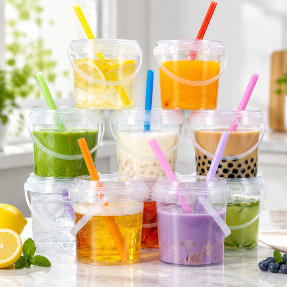 10 Pack 34oz Clear Plastic Drink Buckets with Dual-Lid System, Reusable 1L Cups with Lids and Straws, Leakproof Bucket Cups for Boba Bubble Tea, Smoothies, Iced Coffee