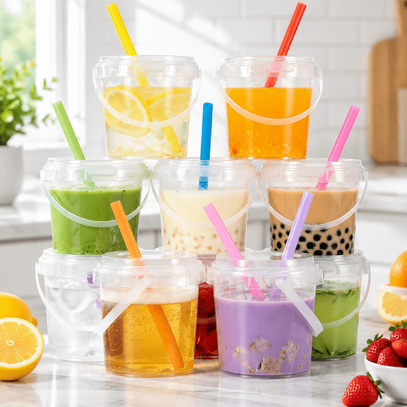 10 Pack 34oz Clear Plastic Drink Buckets with Dual-Lid System, Reusable 1L Cups with Lids and Straws, Leakproof Bucket Cups for Boba Bubble Tea, Smoothies, Iced Coffee