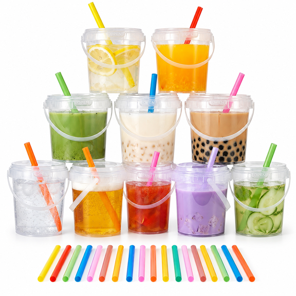 10 Pack 34oz Clear Plastic Drink Buckets with Dual-Lid System, Reusable 1L Cups with Lids and Straws, Leakproof Bucket Cups for Boba Bubble Tea, Smoothies, Iced Coffee