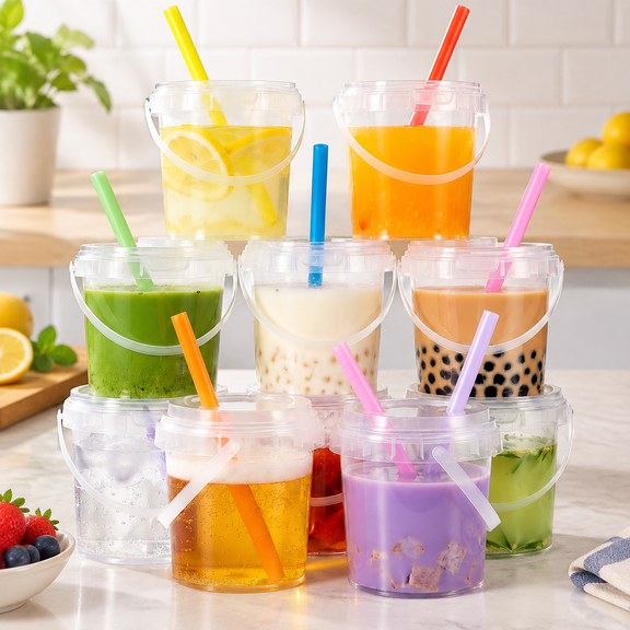 10 Pack 34oz Clear Plastic Drink Buckets with Dual-Lid System, Reusable 1L Cups with Lids and Straws, Leakproof Bucket Cups for Boba Bubble Tea, Smoothies, Iced Coffee