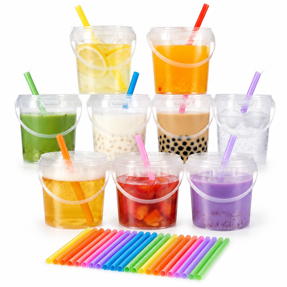 10 Pack 34oz Clear Plastic Drink Buckets with Dual-Lid System, Reusable 1L Cups with Lids and Straws, Leakproof Bucket Cups for Boba Bubble Tea, Smoothies, Iced Coffee