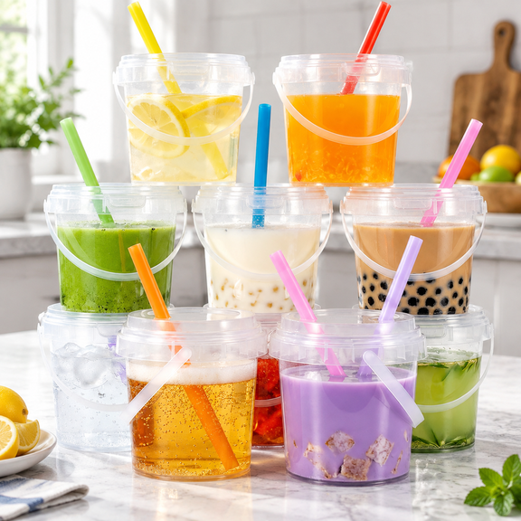 10 Pack 34oz Clear Plastic Drink Buckets with Dual-Lid System, Reusable 1L Cups with Lids and Straws, Leakproof Bucket Cups for Boba Bubble Tea, Smoothies, Iced Coffee